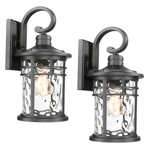 2 PCS Outdoor Porch Lights Wall Mount Sconces with Stone Glass Outdoor Lighting Waterproof Exterior Lantern for House Front Porch Patio Garage Doorway Garden (2Packs-Water Ripple Glass / Large)