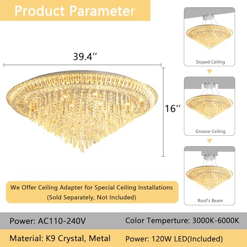 Modern LED Crystal Chandelier for Living Room Dimmable Large Ceiling Light Fixture Round Raindrop Chandeliers for Dining Room Entryway Bedroom Foyer Silver (Silver / W40")