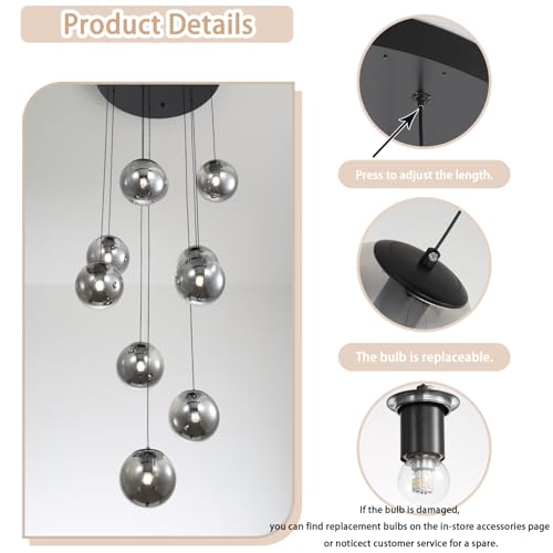 H138 Modern Smoke Gray Glass Globe Chandelier Large Chandeliers for High Ceiling 15 (Smoke Grey / Globe 15-Light)