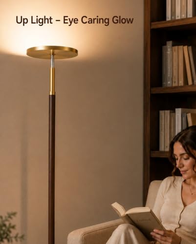 Wood LED Torchiere Floor Lamp with Remote (Walnut Wood & Brushed Brass)