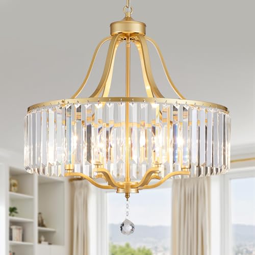 6 Light Crystal Gold Chandeliers for Dining Room 22 Inch Modern Farmhouse Chandelier Large Pendant Lighting Fixture Round Hanging Lamp for Living Room Kitchen Island Hallway Bedroom Foyer Hall (168-Gold)