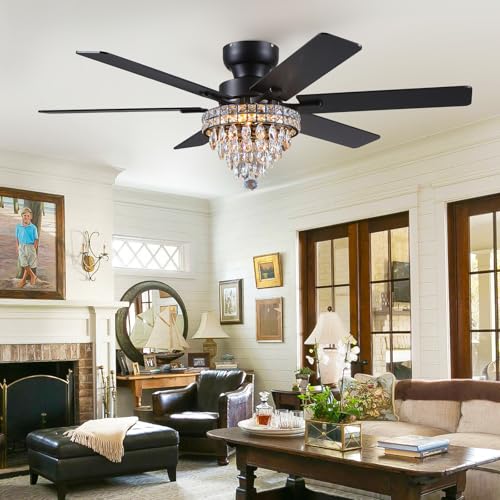 52" Low Profile Crystal Ceiling Fans with LED Lights and Remote (Black-52IN-5018)