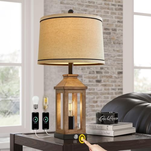 23.75" Farmhouse Table Lamps USB A+C Charging Ports 3 (Wood)