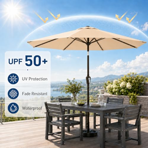 10FT Solar Patio Umbrella with Lights (Khaki / 10 FT)
