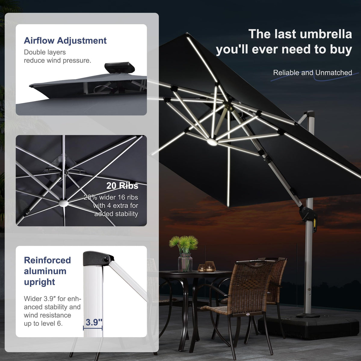 Cantilever Umbrella 10' X 13' Double Top Solar LED Light (Grey / 10' X 13')