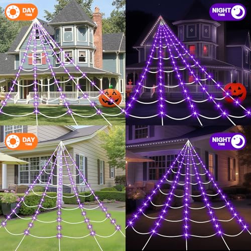 Halloween Decorations 16.4Ft Spider Web with LED Lights & 59" Giant Spider (Purple)
