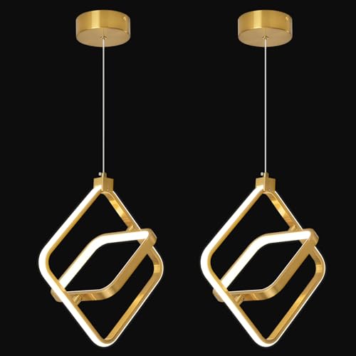 Modern LED Chandelier Gold Rectangular Pendant Light Fixtures 4000K 20W Dimmable Height Adjustable Pendant Lighting for Dining Room Kitchen Island Bedroom Living Room Foyer（2 (Gold / Square-2Pack)