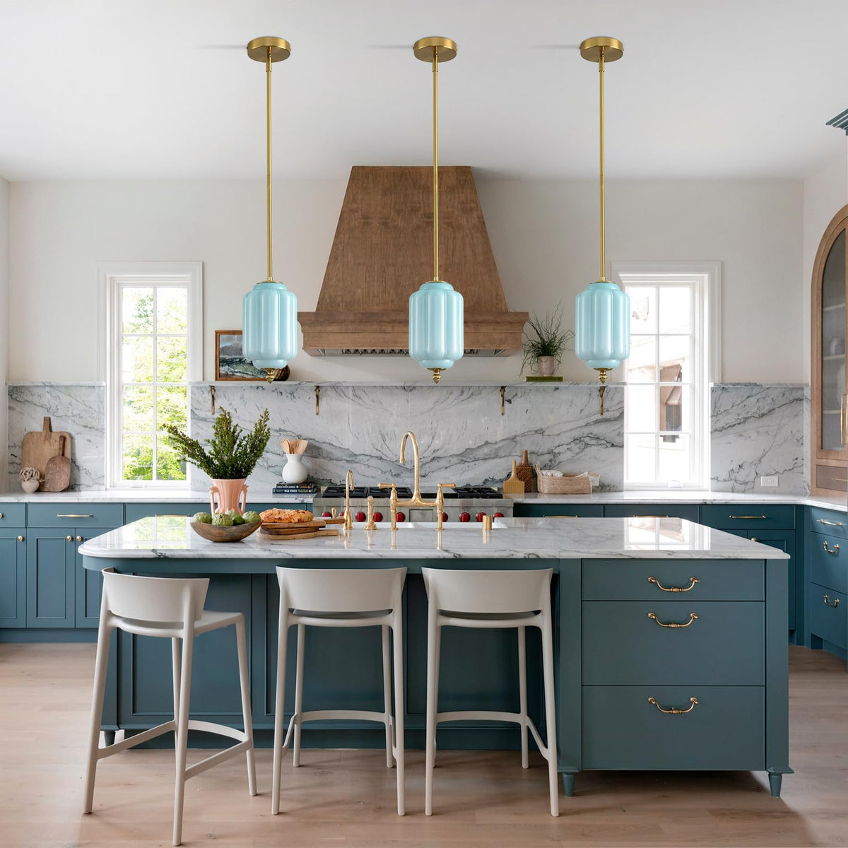 Vintage Blue Glass Pendant Lights 1 Pack 5.5 Inch Mid Century Brass Hanging Ceiling Light (Blue-1 Pack / 5.5 Inch)