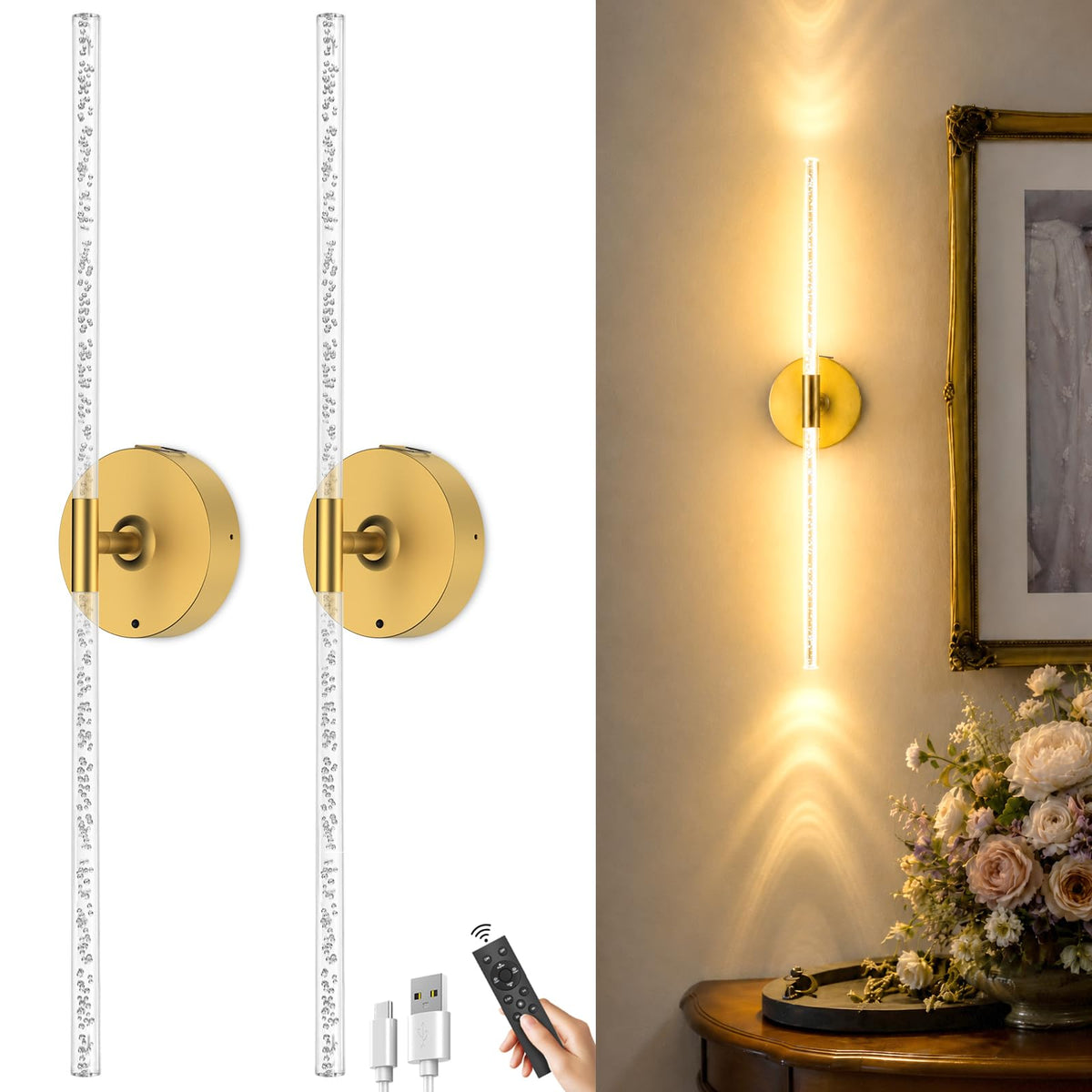 Rechargeable Wall Lights Battery Operated Sconce 2Pack (Bubble Crystal Gold / Set of 2)