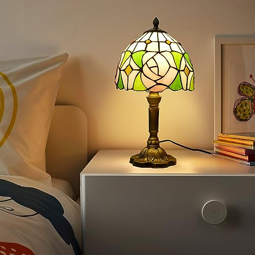 Pink Rose Style Tiffany Table Lamp Handmade Stained Glass Bedside Table Lamp Desk Reading Light 8" Wide 14" Tall for Small Space Bedroom Home Office with LED Bulb (Pink Rose)