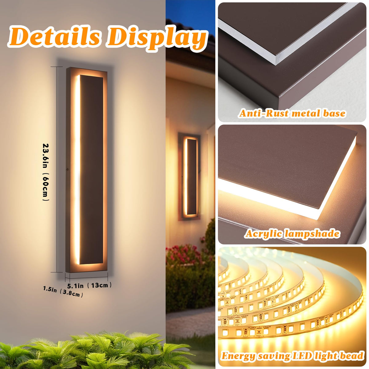 24 in Brown Long Outdoor Wall Lights (Brown 1-tier Modern Design / 23.6 Inches（60 cm）)