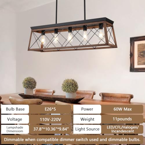 37.8Inches Farmhouse Rectangular Chandelier Rustic (37.8InchesWood)