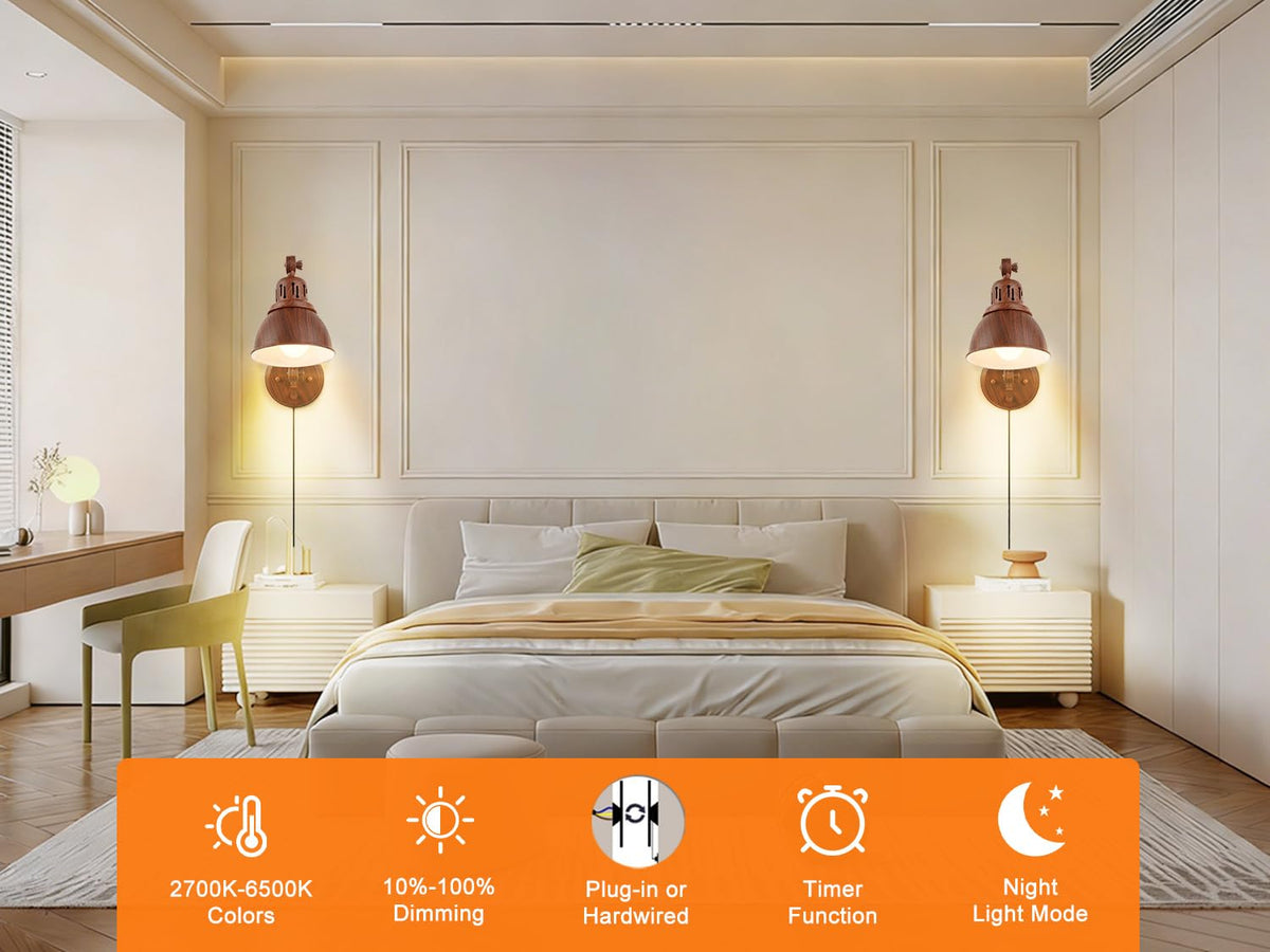1 Pack Plug in Wall Sconce with Remote Control (Walnut-1 PACK(Bulb+Remote))
