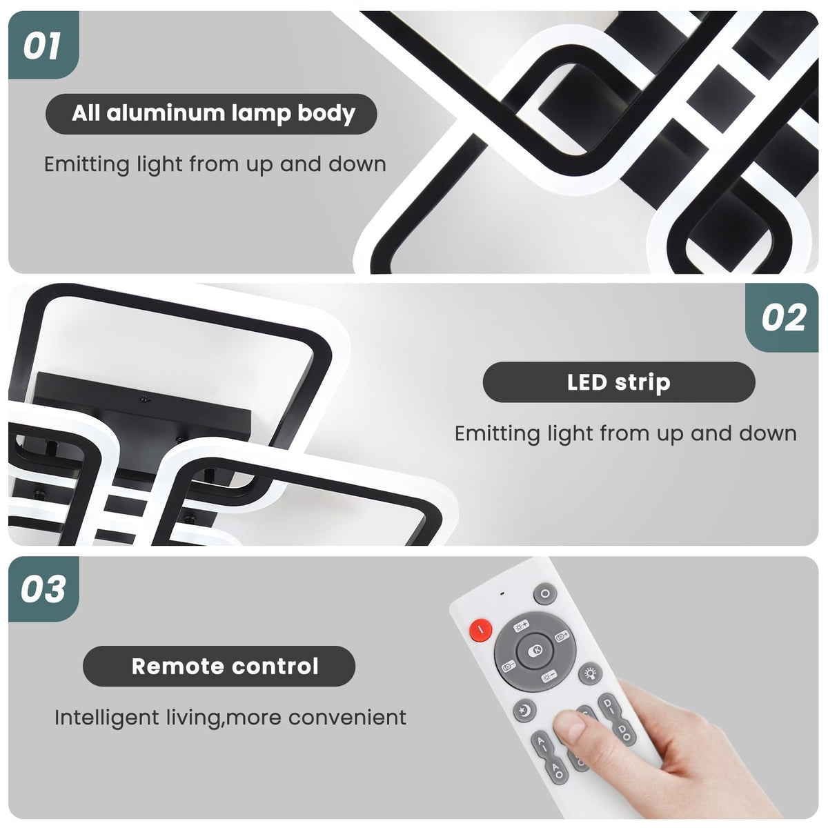 23.6inch Modern LED Ceiling Light 50W Dimmable Ceiling Lamp with Remote Control Square LED Flush Mount Ceiling Light Dining Room (Black / 23.62Inch)