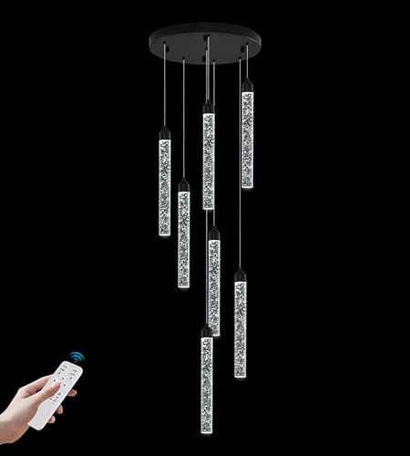 7 Lights High Ceiling Crystal Staircase Chandelier Black Pendant Lights Modern Spiral Raindrop Dimmable LED Bubble Cluster Ceiling Hanging Lighting Fixture for Foyer Living Room Remote Control (Black / 7 lights)