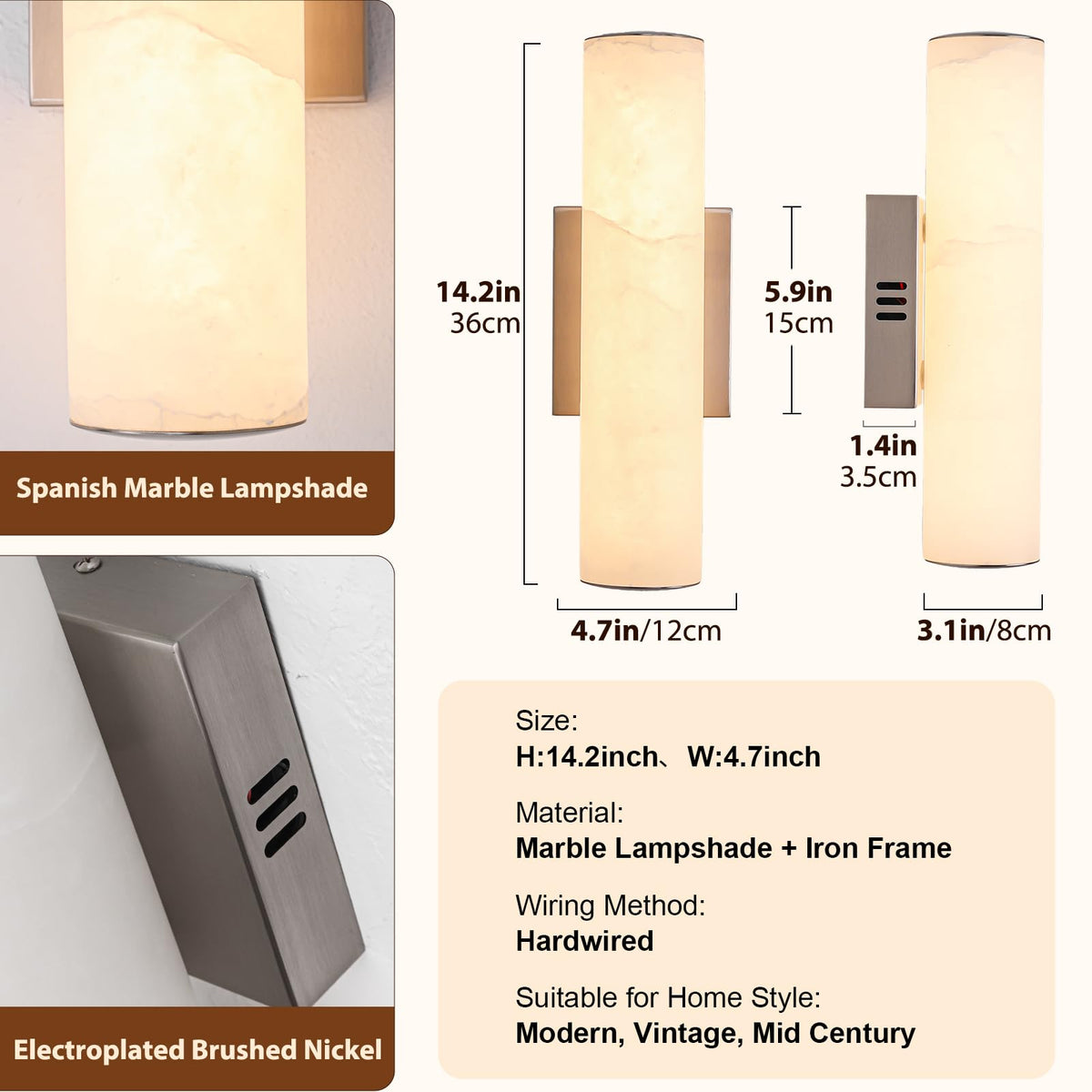 14.2in Alabaster Wall Sconces (Nickel-14.2in-1 Pack)