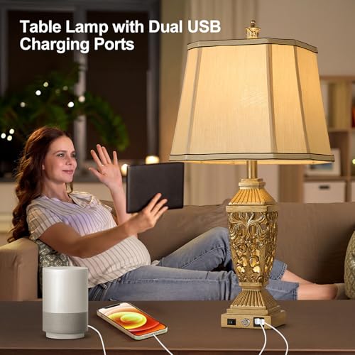 27.5" Touch Control Traditional Table Lamp Set of 2 with USB A+C (Bronze Wood-10 / 27.5")
