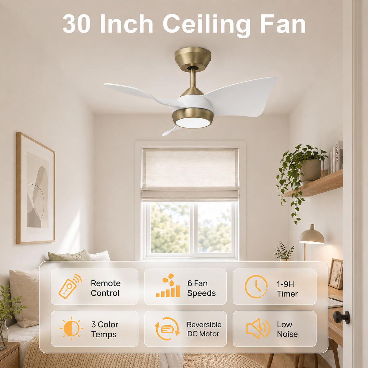 2 Pack 30" Small Ceiling Fan with Light (Brushed Brass & White / 30 Inch)