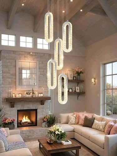 Modern LED Chandelier 5 Ring LED Pendant Light Adjustable Height Hanging Chandelier for Staircase Foyer (Silver / 5 Rings (New))