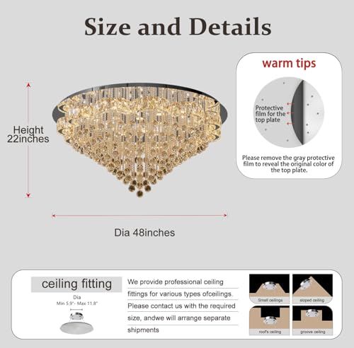 48in Chrome Crystal Chanderliers for Living Room Entryway Modern Crystal Folwer Ceiling Light for Foyer LED Dimmable Lighting 2700k 4500k 6000k (Silver / 48inch)