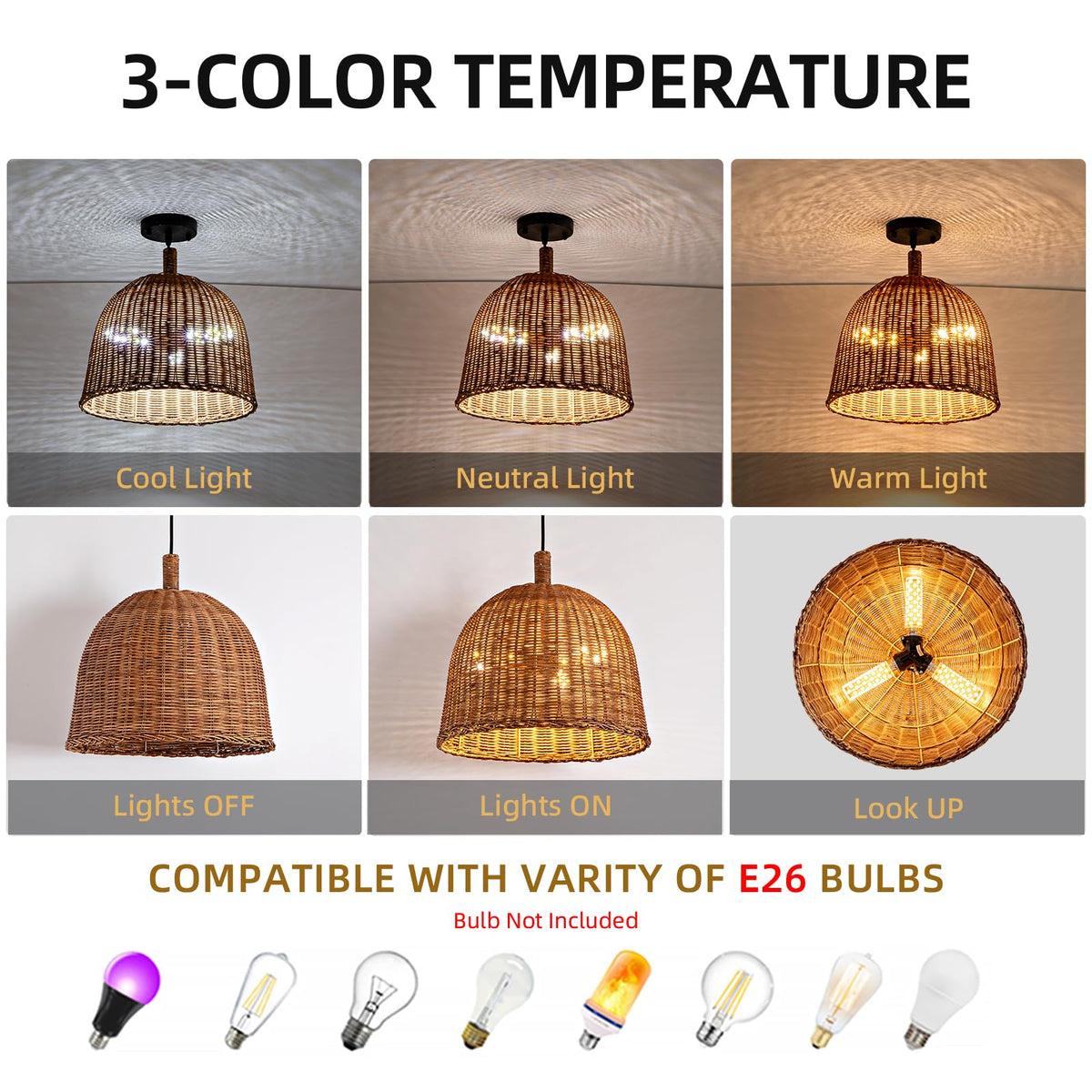 13.8" Rattan Pendant Light (Dark Brown Rattan / 13.77" 3-Light)