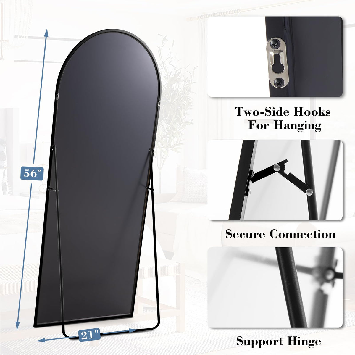 56"x21" Arched Full Length Floor Mirror (Black-arched / 56"L x 21"W)
