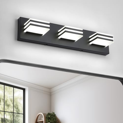 Black Vanity Lights 3 Light Bar Light for Bathroom 20 Inch Mirror Light Fixtures Black Bath Lamps above Mirror 18W Vanity Sconces Modern Bathroom Sink Lights Acrylic Wall Lighting for Restroom (Black-Not-Dimmable / 3-Light, 20-Inch)