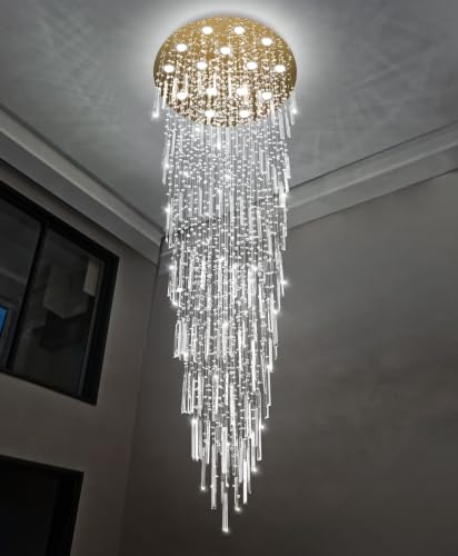 D40'' x H120'' Crystal Chandelier High Ceiling Chandeliers for Entryway Large Raindrop Chandeliers LED Dimmable Flush Mount Light Fixtures for Staircaes Foyer Hallway Living Room Bulbs Included Gold (D40'' x H120'' Gold)