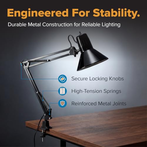 Office VLF100 LED Swing Arm Desk Lamp with Clamp Mount (36" Reach / Clamp, Black)