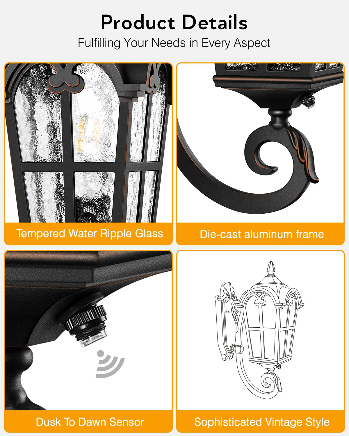 Outdoor Lights for Porch (Black(Gold Trim) / Up 1-Pack)