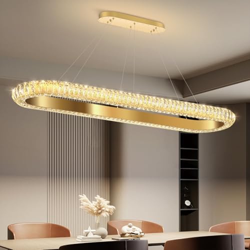 47'' Oval Ring Crystal Chandelier Modern LED Dimmable Ring Pendant Light Chandelier for Dining Room Living Room Gold (Gold / 1 Ring Oval 47")