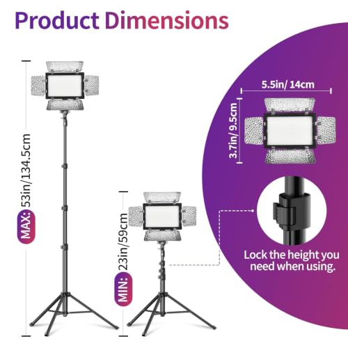 2 Pack LED Video Light with 53inch Adjustable Tripod Stand (15W / 23-53inch)