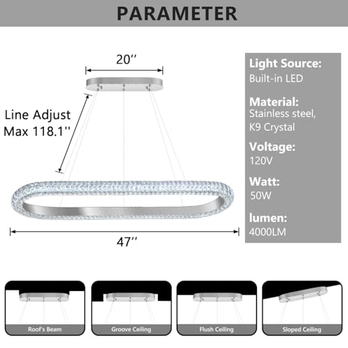 47'' Oval Ring Crystal Chandelier Modern LED Dimmable Ring Pendant Light Chandelier for Dining Room Living Room Silver (Silver / 1 Ring Oval 47")