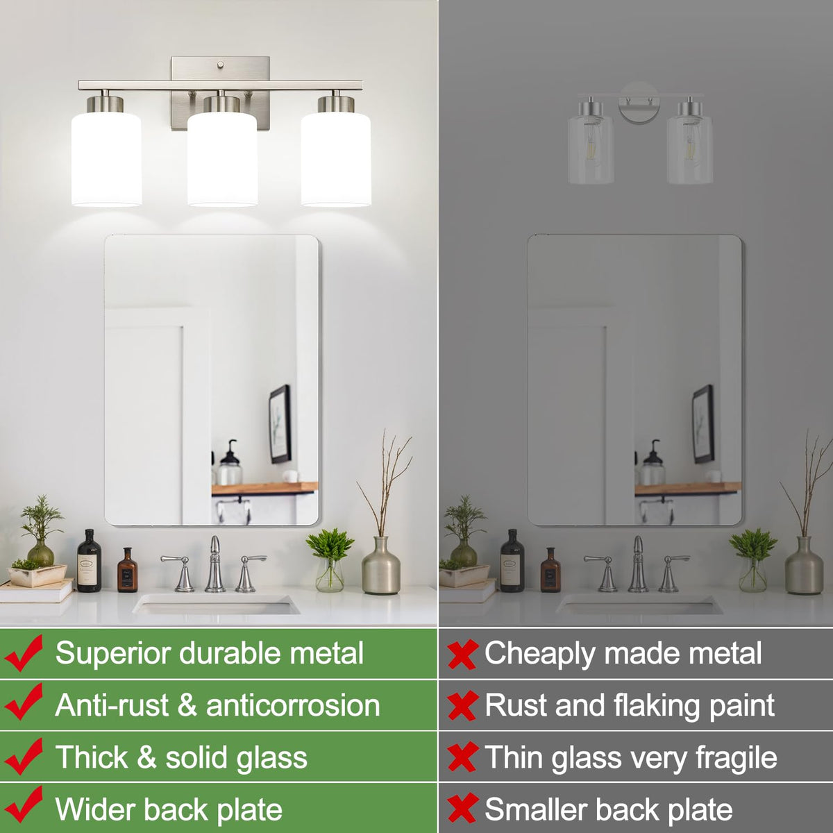 Brushed Nickel Bathroom Light Fixtures with Milk Glass Shades (Brushed Nickel & Milk Glass / 3-light)
