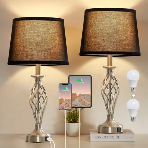 Table Lamp for Bedroom Set of 2 with USB C+A Ports (Silver Base + Black Lampshade)