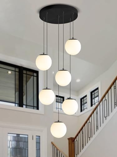 6 Light Black Chandelier with White Globe Glass Dimmable Ceiling Light Glass Pendant Light for Kitchen Island (Black-White / Globe 6-Light)