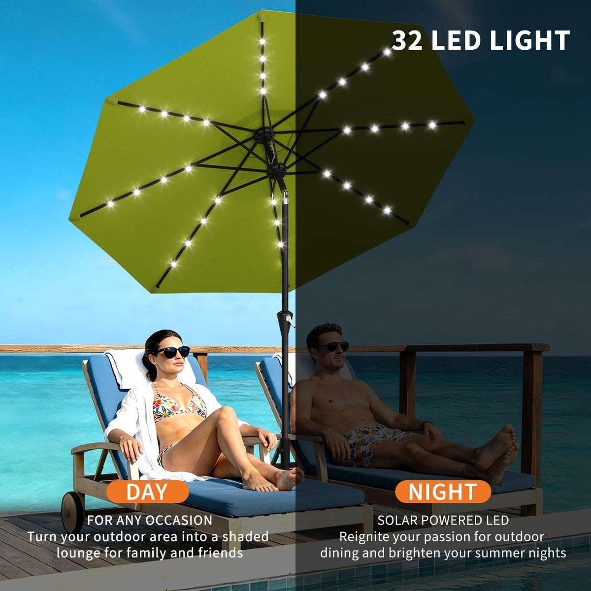 9FT Solar Patio Umbrella Outdoor Umbrella with 32 LED Lights (Apple Green / 9ft With Lights)