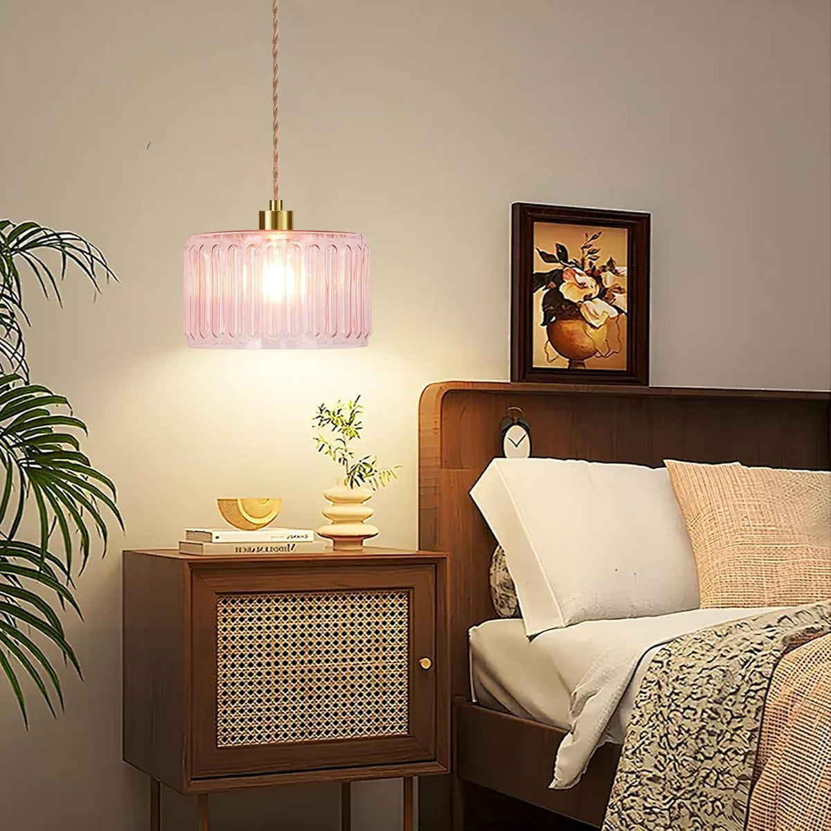 Pink Plug in Pendant Light Glass Hanging Lights with Plug in Cord Boho Hanging Lamp Gold Mid Century Modern Vintage Dimmable Flower Plug in Chandelier Ceiling Fixture for Living Room (Pendant Light-20)