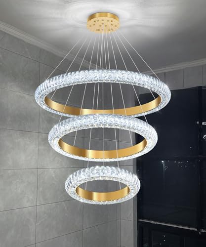 31.5" 3 Ring Crystal Chandelier Modern LED Dimmable Ring Pendant Light Round Chandelier for Dining Room Living Room Gold (Gold / 3 Ring Round 32")