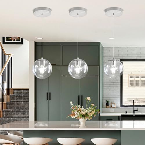 1 Light Globe Pendant Light for Kitchen Island Silver Pendant Light Fixtures with Clear Glass Globe Hanging Lights for Bedroom (Silver-Clear / Globe 1-Light)