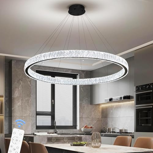 Modern LED Dimmable Crystal Chandelier 47.5" Ring Pendant Light Adjustable Round Chrome Crystal Chandelier Light Fixtures for Dining Room Living Room (Black 1 Ring 47.5")