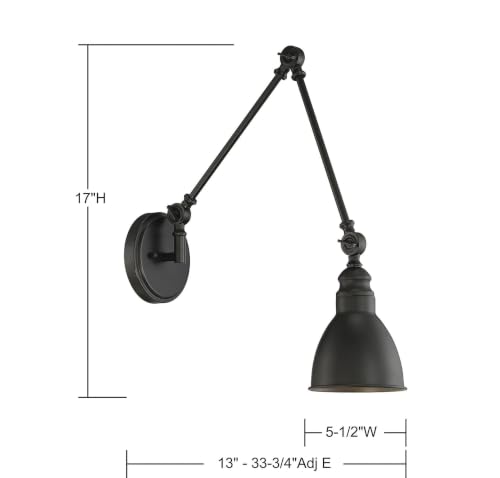 9-960-1-89 Dakota Vintage Bohemian Mid-Century Modern Metal Wall Sconce with Adjustable Arm, 1-Light 60 Watt, 17" H x 6" W, Matte Black (Matte Black)