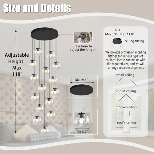 15 Light Black Chandelier with Globe Glass Dimmable Ceiling Light Glass Pendant Light for Kitchen Island (Black-Clear / Globe 15-Light)