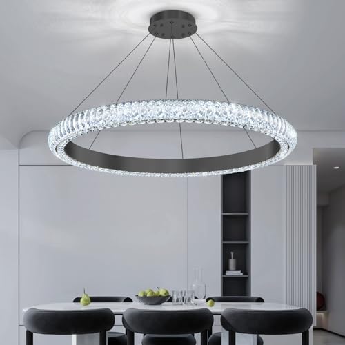 32" 1 Ring Crystal Chandelier Modern LED Dimmable Ring Pendant Light Chandelier for Dining Room Living Room Black (Black / 1 Ring Round 32")