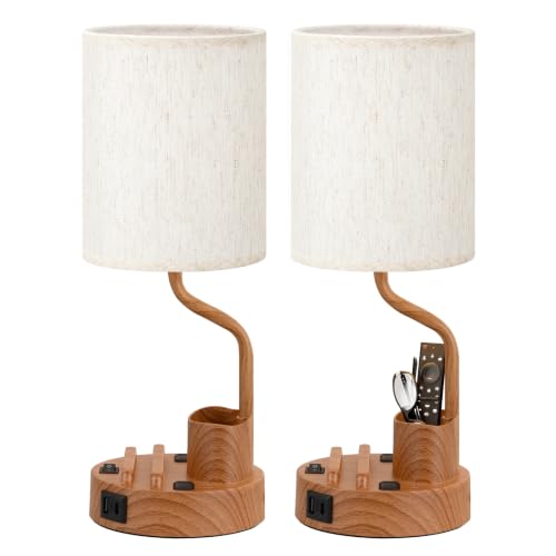 Bedside Lamps for Bedroom Set of 2 (Cream & Wood-grain)
