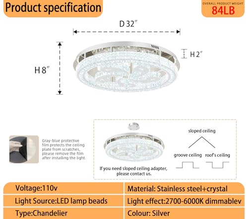 Modern Crystal Chandeliers for Dining Room Flush Mount Ceiling Chandelier for Living Room Dining Room Ring LED Crystal Ceiling Light (32in Silver)