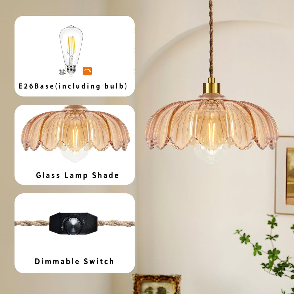Plug in Pendant Light Hanging Lights with in Cord Mid Century Modern Gold Hanging Lamp Flower Glass Amber Vintage Dimmable Chandelier Ceiling Fixture for Living Room (Pendant Light-11)