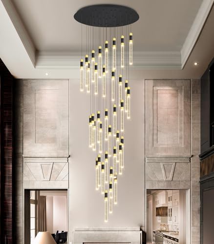 16 Foot High Ceiling Chandeliers for Living Room Entryway 32 Lights LED Lights Pendant Lighting with Dimmable Light Modern Crystal Ceiling Lights Dining Room Foyer Front Door Light (32 lights Cylindrical)