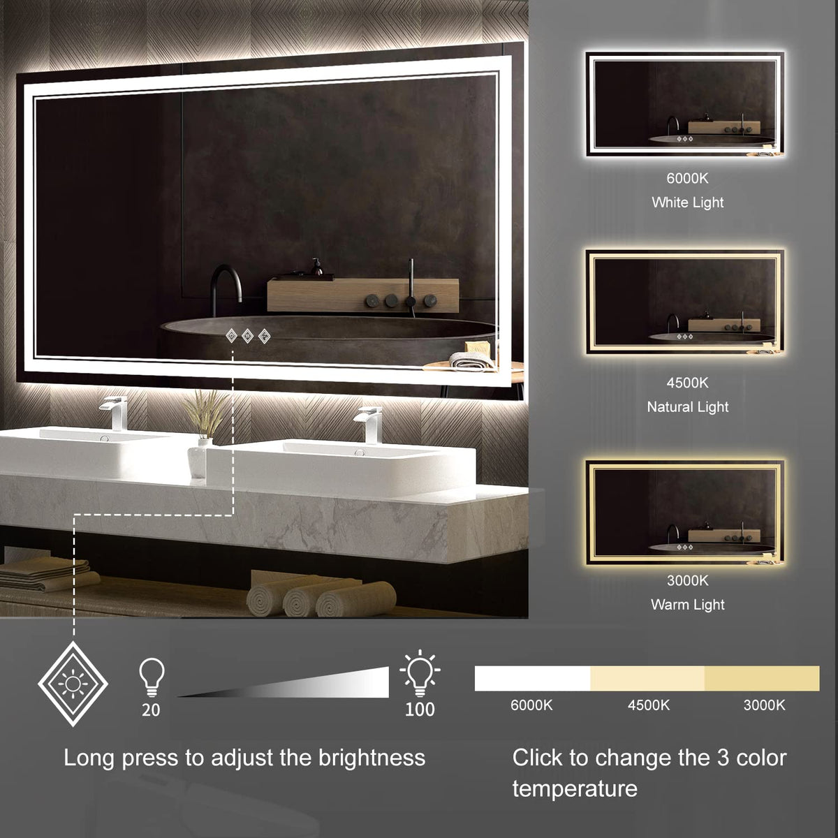 LED Bathroom Mirror (Front and Backlit / 60"L x 32"W)