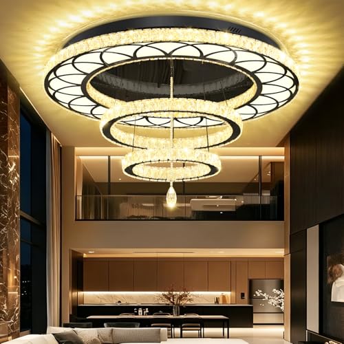 Large 48in Crystal Ring Chandelier Modern Black Crystal Chandeliers LED Dimmable Flush Mount Chandelier Crystal Ceiling Light for Living Room Bedroom Foyer (Black / W:48inches)